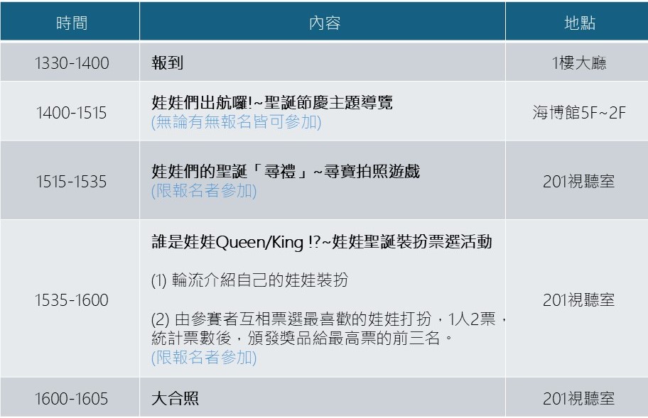 【誰是娃娃Queen/King !?~娃娃聖誕裝扮票選活動】活動時間表